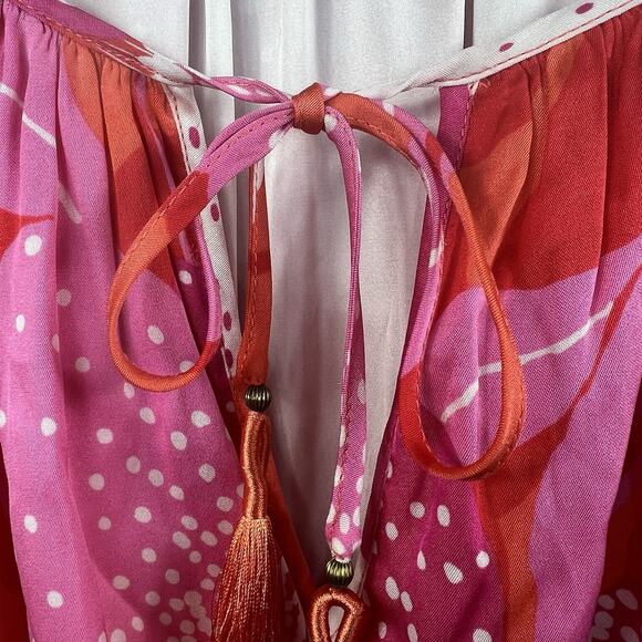 Trina Turk Pink Orange Floral Silk Mini Dress Size S Small Boho Tassle Tie - Picture 7 of 12